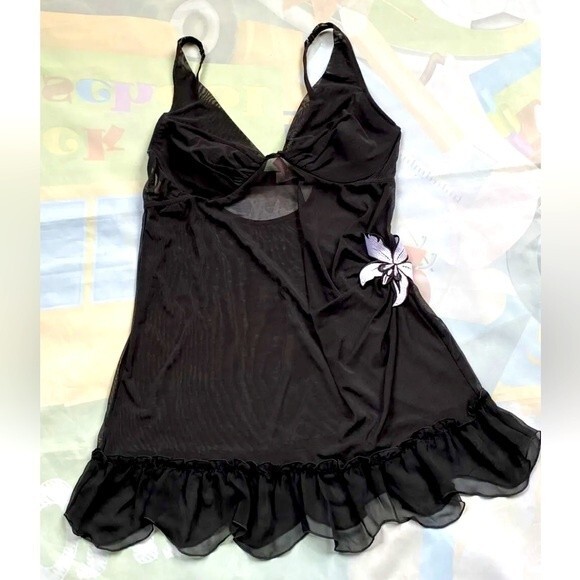 Victoria's Secret Black Mesh Underwire babydoll 36C Rose Embroidered VTG New - Picture 2 of 12